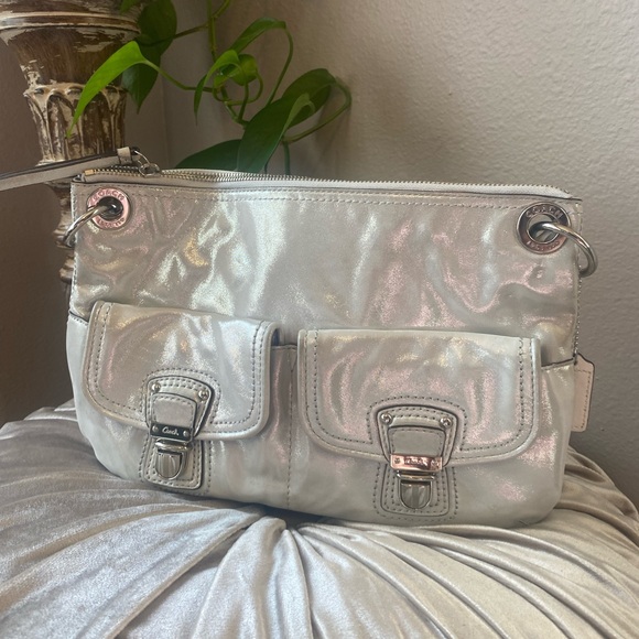 Coach Handbags - - Gorgeous Coach Pearly Silver crossbody shoulder bag  2 straps euc Retro